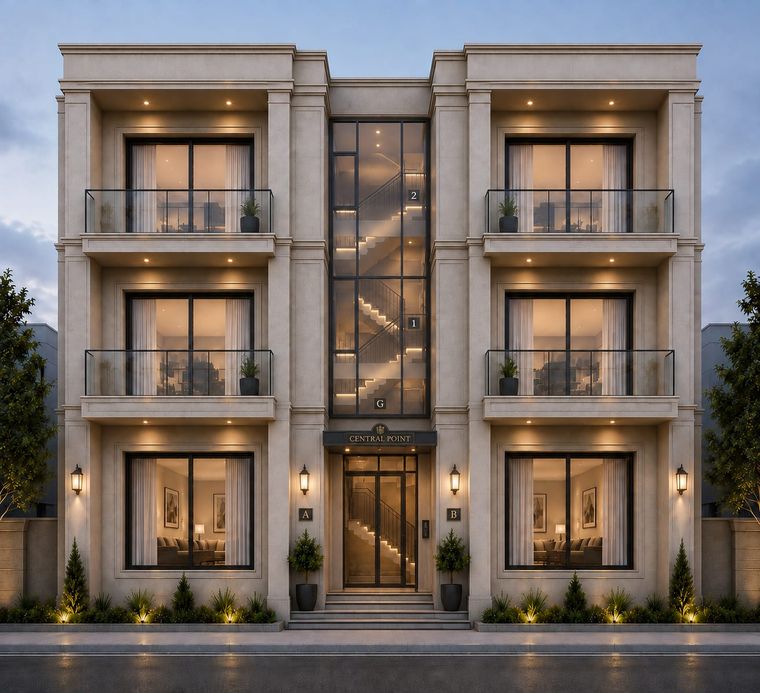 Front elevation of one building: two mirrored townhouses, A and B, either side of a full-height glazed staircase marked G, 1 and 2.