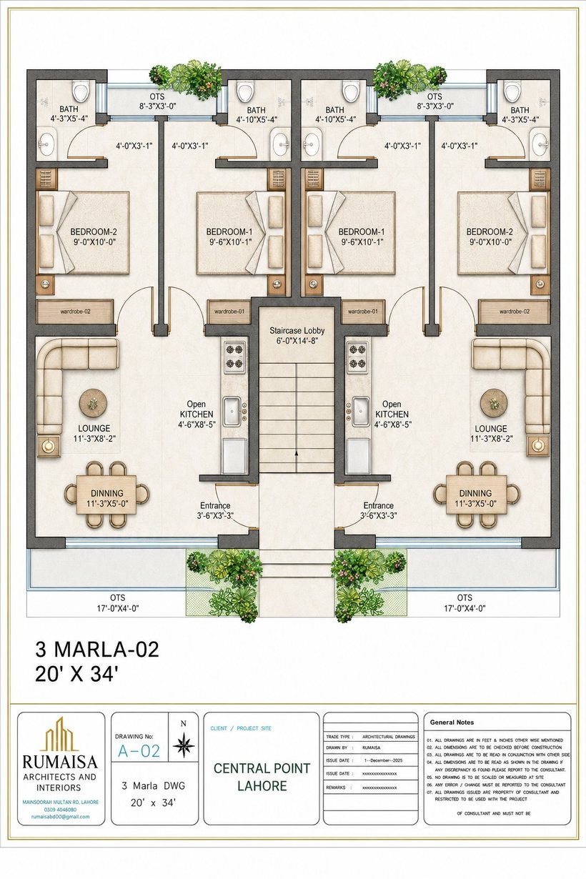 Architect's floor plan of the three-marla twin type: two mirrored units either side of a shared central staircase lobby, each with a lounge, dining area, two bedrooms, two baths and an open kitchen.
